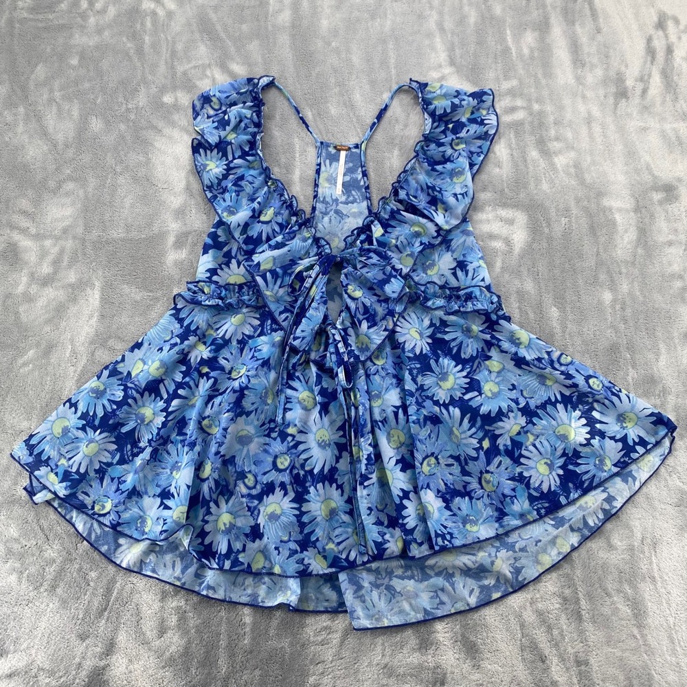 Free People Fearless Knit Tank Size Medium Floral Ruffle Tie Front Babydoll